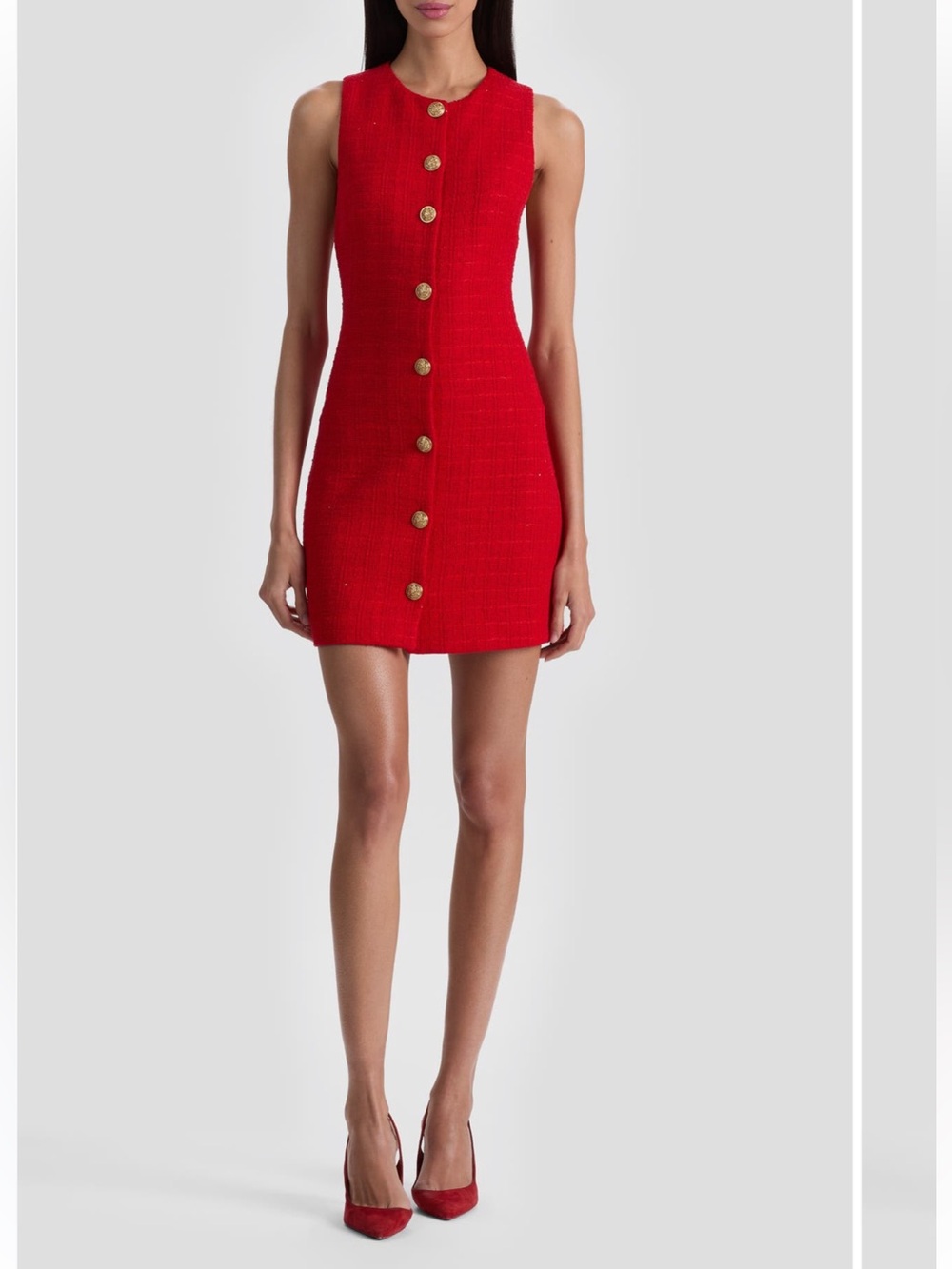 Alice + Olivia 🔥 CADE Sleeveless TWEED Red Button-Front Mini Dress